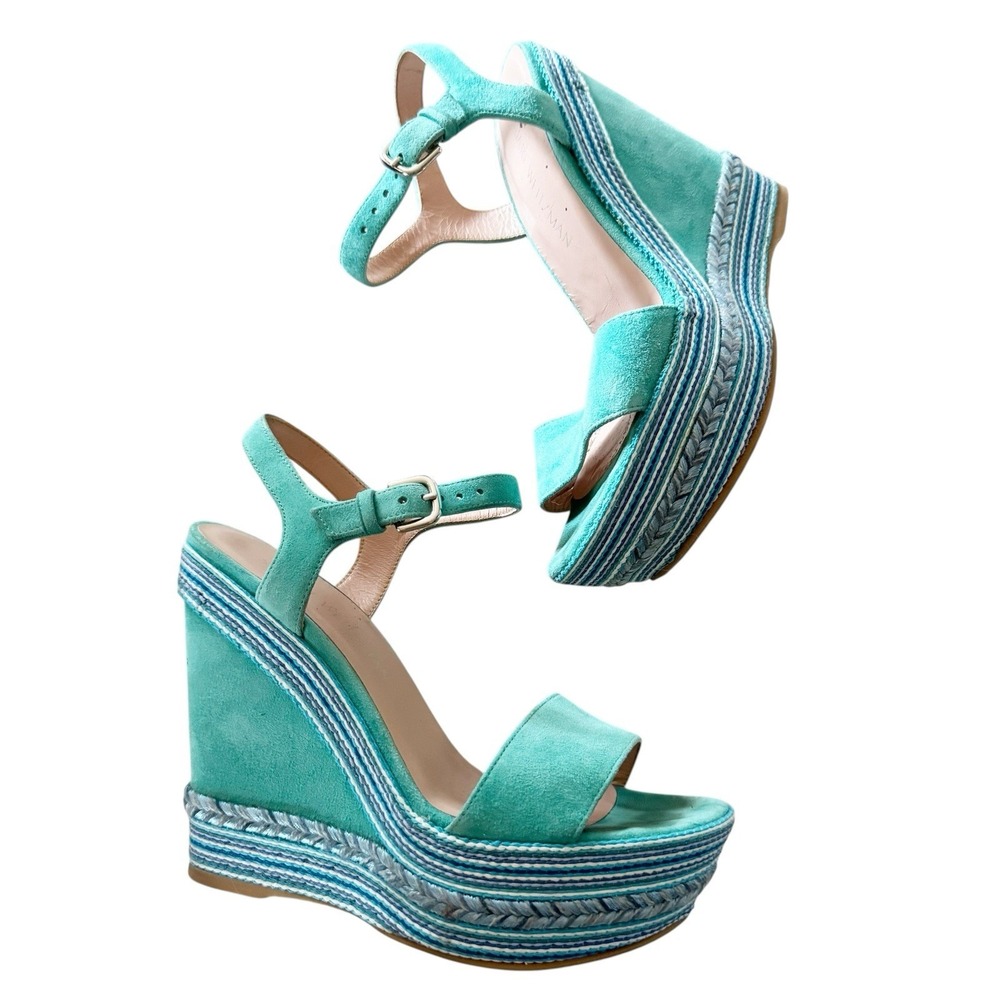STUART WEITZMAN Island Suede Turquoise Embellished Rope Wedge Sandals Size 8 - Picture 1 of 10